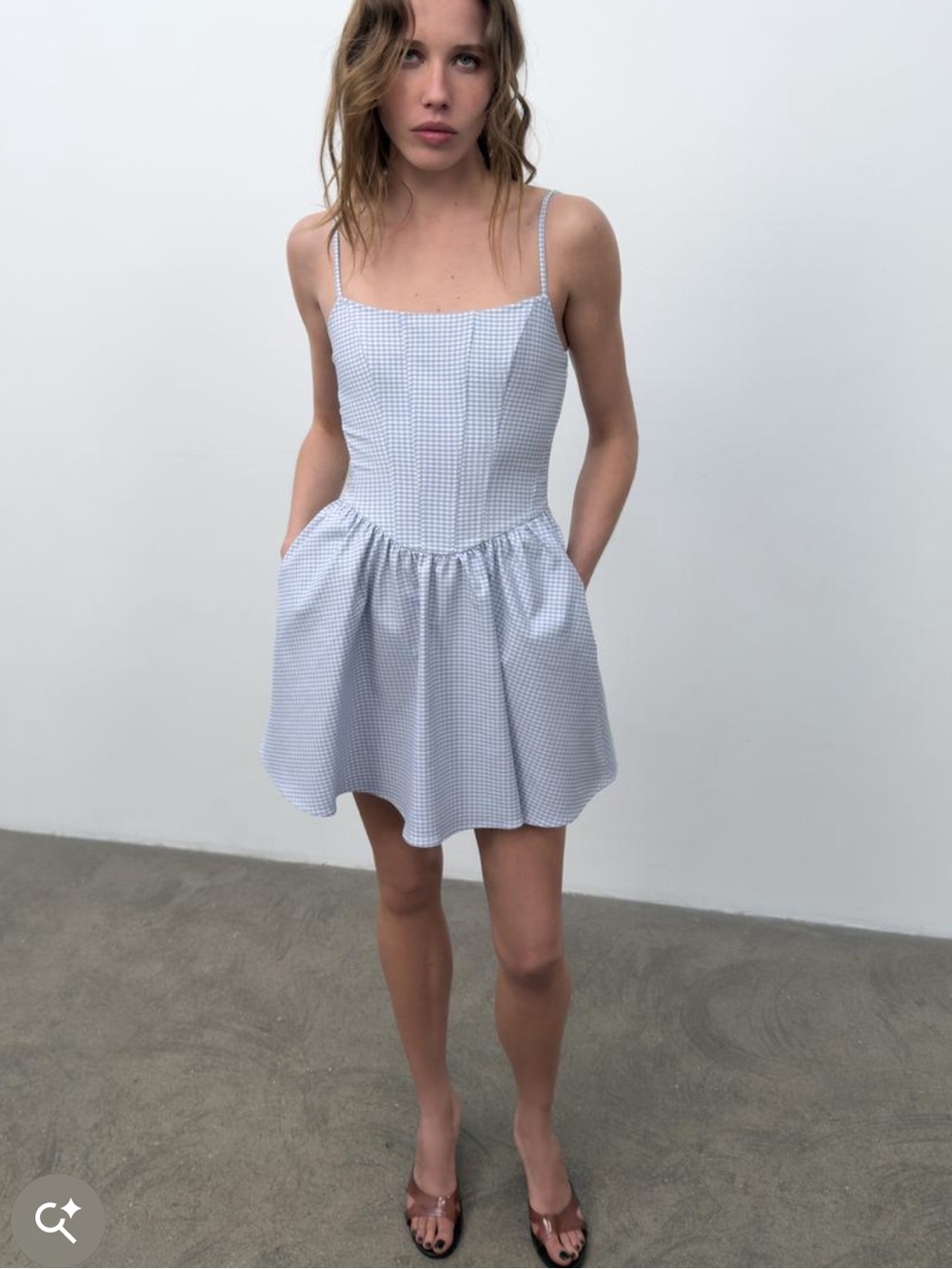 Zara Light Blue Gingham Spaghetti-Strap Mini Dress